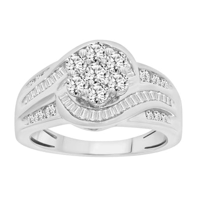 LADIES RING 1.00CT ROUND/BAGUETTE DIAMOND 10K WHITE GOLD