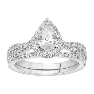 LADIES BRIDAL RING SET 1 CT ROUND/PEAR DIAMOND 14K WHITE GOLD(CENTER STONE 1/2)