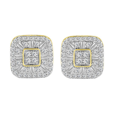 LADIES STUD EARRINGS 1.00CT ROUND/BAGUETTE DIAMOND 10K YELLOW GOLD