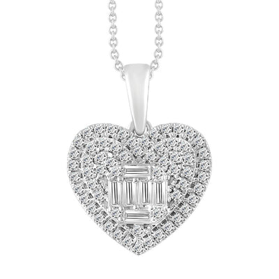 LADIES PENDANT WITH CHAIN 0.50CT ROUND/BAGUETTE DIAMOND 14K WHITE GOLD (SI QUALITY)