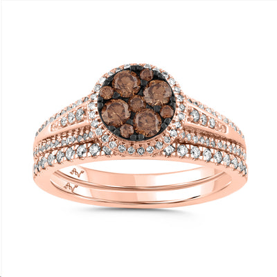 LADIES BRIDAL SET 0.75CT DARK BROWN/ROUND DIAMOND 14K ROSE GOLD
